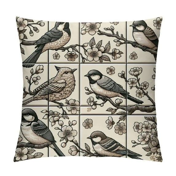 JEUXUS Retro Bird with Multiple Compartments and Bird Patterns Plush Pillowcase for Home Decor White
