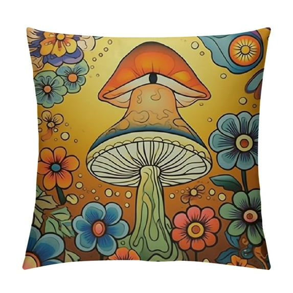 JEUXUS Retro Boho Floral Pillow Covers , Fun Throw Pillow Covers Mushroom Abstract Pillowcase Vintage Cute Hippie Rainbow Decorations Cushion Case for Bedroom Living Room