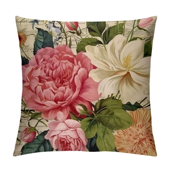 RUIYC Retro Flower Throw Pillow Covers Peony Rose Home Decorative Pillow Covers Vintage Cushion Cases Square Pillowcase inch(Pink&White Flowers)