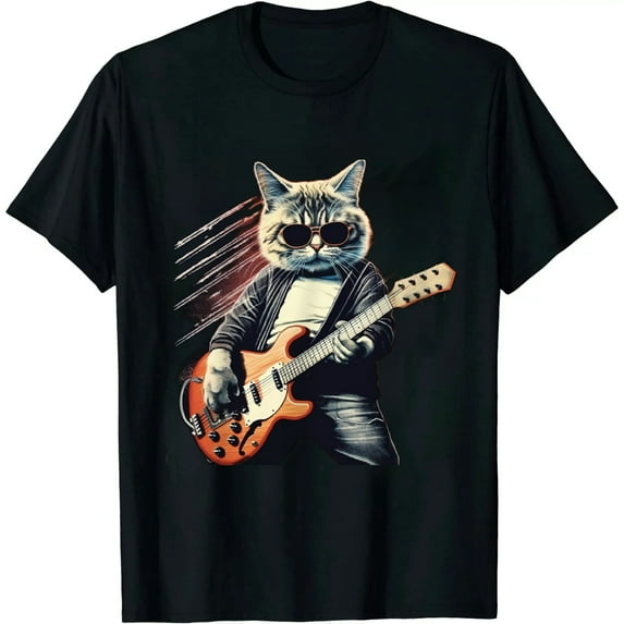 JEUXUS Rock Cat Playing Guitar Rock Kitty Funny Guitar Cat T-Shirt