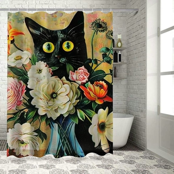 JEUXUS Roses & Lilies Cat Print Shower Curtain - Multiple Sizes White