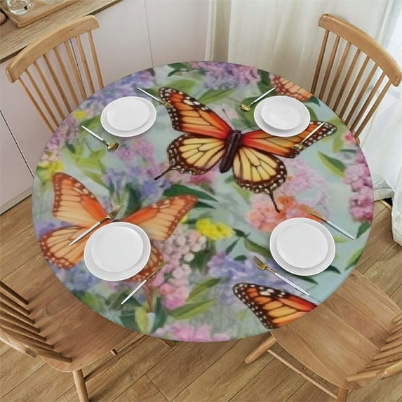 JEUXUS  Round Butterfly Tablecloth Spring Decorations Watercolor Purple Pink Colored Floral Print Decorative Table Cloth Decor for Home Kitchen Dining Room Picnic Party Holiday