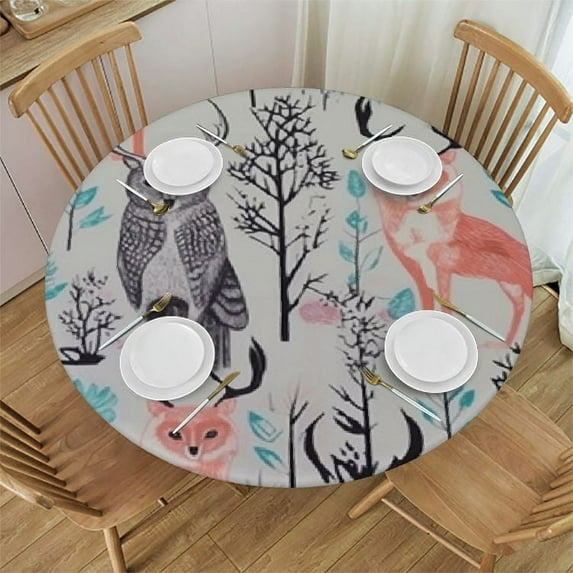 JEUXUS Round Fitted Table Cover for Outdoor/Indoor Patio Use - Water & Oil Proof Durable Tablecloth with Elastic Fixed Edge Diameter Tables (Forest Wild Animals Owl Wolf and Deer with Flower)