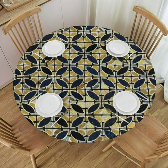 JEUXUS Round Fitted Tablecloth, Arabic Print Polyester Table Cloth, Star and Geometric Lines, Fit Round Tables Diameter, for Dinner Kitchen Party Decoration, Multicolor