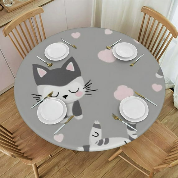 JEUXUS Round Fitted Tablecloth Cat Round Table Cover with Elastic Edged,Wipeable Table Cloth for Indoor Outdoor Picnic Patio Fits Tables up to Diameter Round Tables