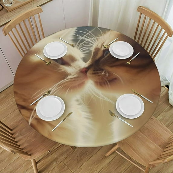 JEUXUS Round Fitted Tablecloth Cute Kitten Lover Cats Round Table Cover with Elastic Edged,Wipeable Table Cloth for Indoor Outdoor Picnic Patio Fits Tables up to Diameter Round Tables