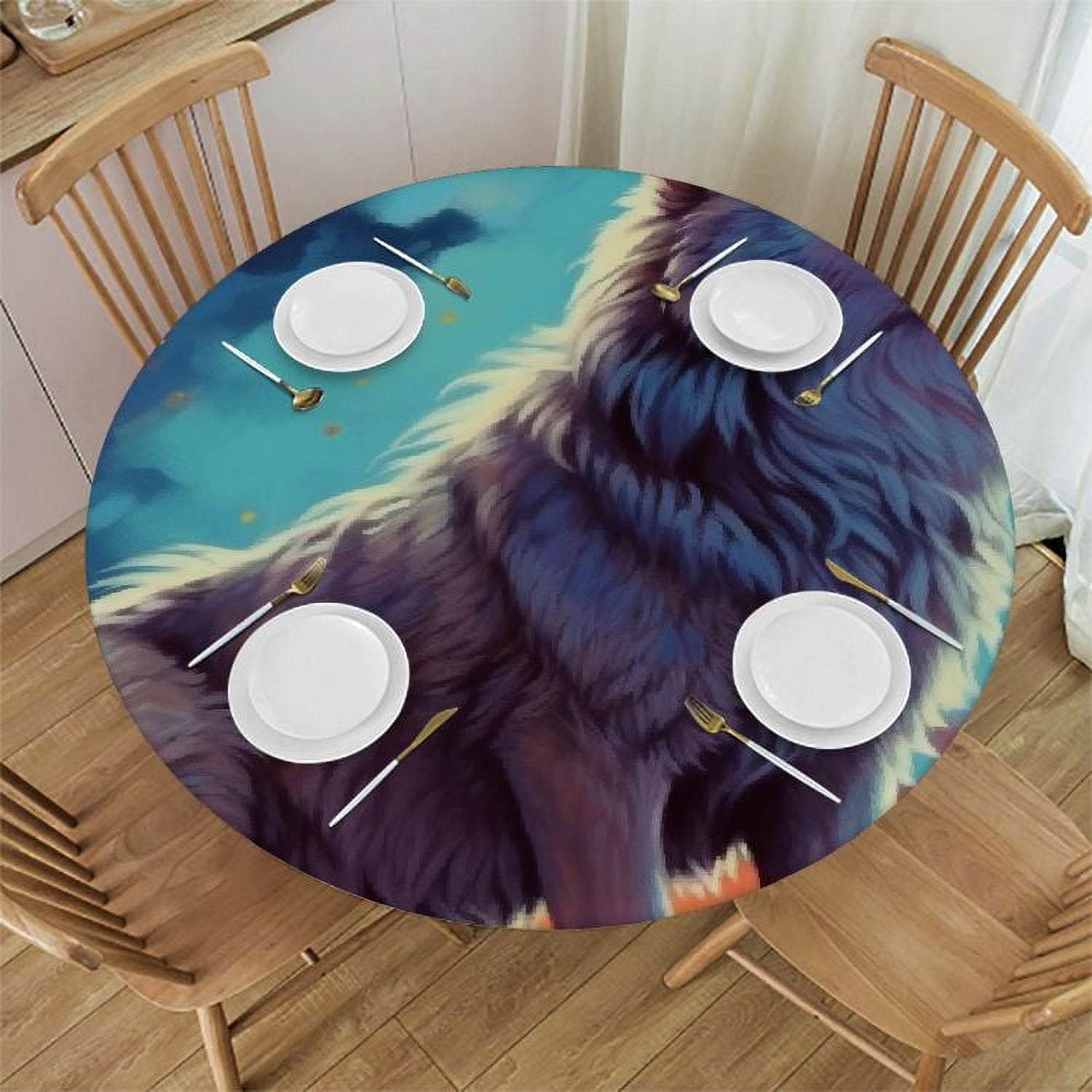 JEUXUS Round Fitted Tablecloth with Elastic Edge, Galaxy Moon Wolf