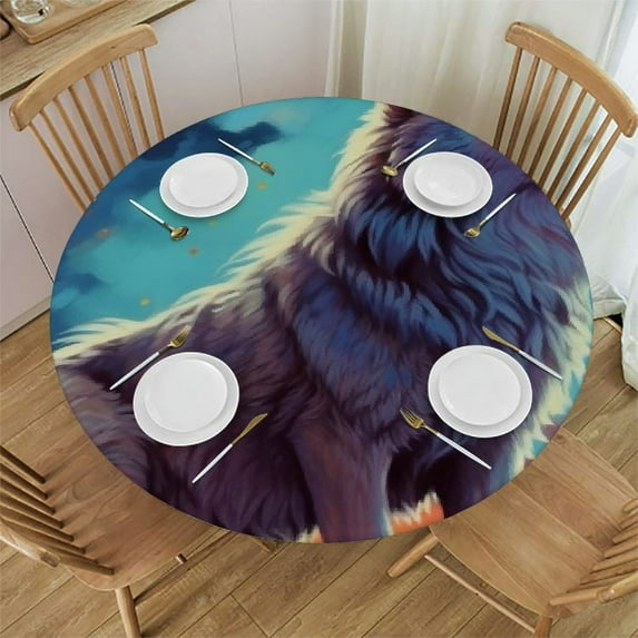 JEUXUS Round Fitted Tablecloth with Elastic Edge, Galaxy Moon Wolf Round Table Cover, Waterproof Non Slip Table Cloth for Indoor Outdoor Holidays Table Pads