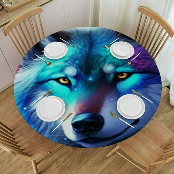 JEUXUS Round Fitted Tablecloth with Elastic Edge, Galaxy Starry Sky Wolf Round Table Cover, Waterproof Non Slip Table Cloth for Indoor Outdoor Holidays Table Pads