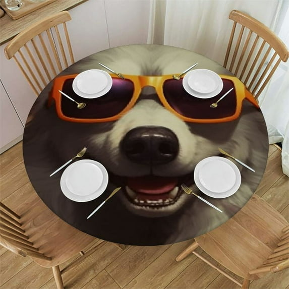 JEUXUS Round Fitted Tablecloth with Elastic Edge, Interesting Animal Wolf Round Table Cover, Waterproof Non Slip Table Cloth for Indoor Outdoor Holidays Table Pads