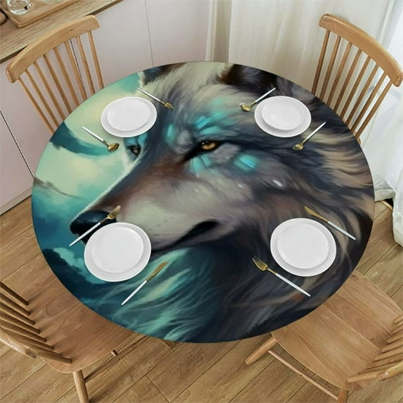 JEUXUS Round Fitted Tablecloth with Elastic Edge, Moon Animal Wolf Round Table Cover, Waterproof Non Slip Table Cloth for Indoor Outdoor Holidays Table Pads