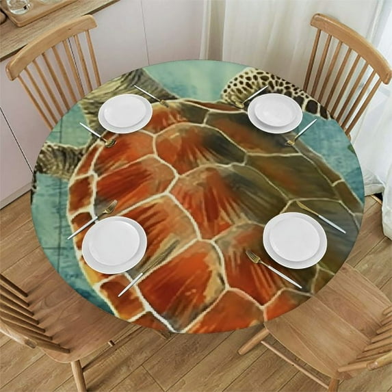 JEUXUS Round Fitted Tablecloth Elastic Edge,for Round Tables,Vintage Watercolor Sea Animals Turtle Pattern,Waterproof Wipeable Round Table Cover Suitable for Catering and Kitchen,Brown