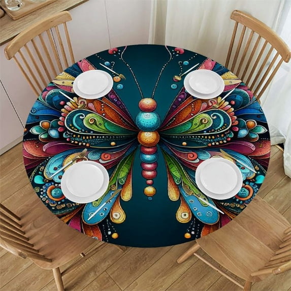 JEUXUS Round Fitted Tablecloth with Elastic Edged, Abstract Butterfly Round Table Cover, Cartoon Butterfly Waterproof Table Cover for Kitchen Dining Holiday Parties Decoration 48x48in