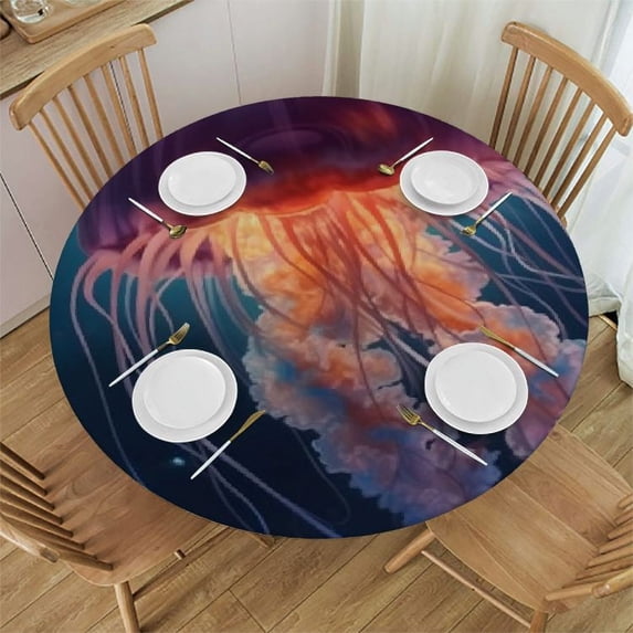 JEUXUS Round Fitted Tablecloth with Elastic Edged, Colorful Jellyfish Round Table Cover, Abstract Jellyfish Waterproof Table Cover for Kitchen Dining Holiday Parties Decoration,Fit for Round Tables