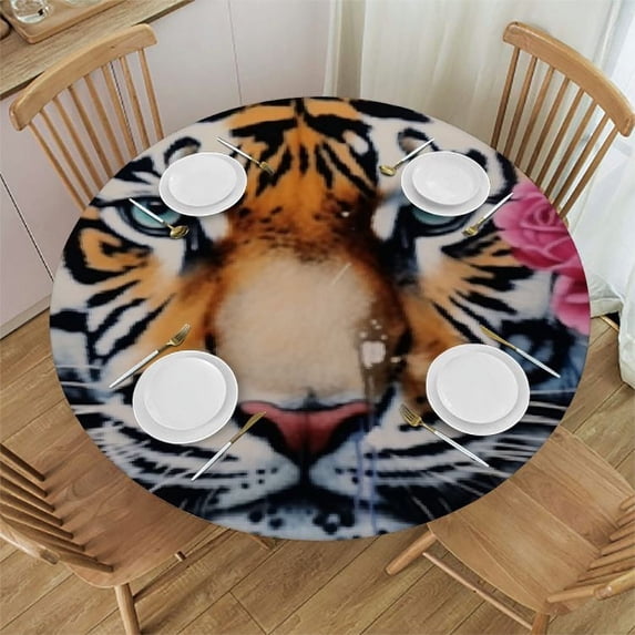 JEUXUS Round Fitted Tablecloth with Elastic Edged, Oil Painting Tiger Round Table Cover, Graffiti Tiger Waterproof Table Cover for Kitchen Dining Holiday Parties Decoration,Fit for Round Tables