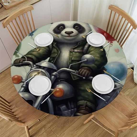 JEUXUS Round Fitted Tablecloth with Elastic Edged, Panda Round Table Cover, Motor Balloon Waterproof Table Cover for Kitchen Dining Holiday Parties Decoration,Fit for Round Tables
