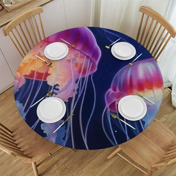 JEUXUS Round Fitted Tablecloth with Elastic Edged, Watercolor Jellyfish Round Table Cover, Glowing Jellyfish Waterproof Table Cover for Kitchen Dining Holiday Parties Decoration,Fit for Round Tables