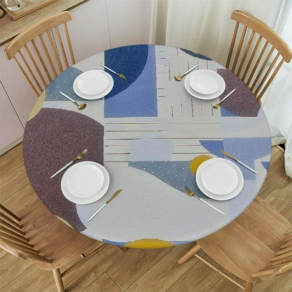 RUIYC Round Fitted Tablecloth Mid Century Modern Geometry Table Cover with Elastic Edge Abstract Circles Daily Table Cloth Card for Home Kitchen Dining White
