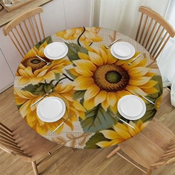 JEUXUS Round Fitted Tablecloth with Flannel Backing Elastic Edge Table Cover Waterproof Table Cloth Stain-Resistant Wipeable forRound Table