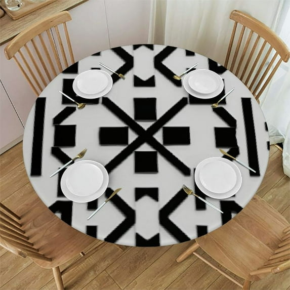 JEUXUS Round Polyester Fitted Tablecloth Vertical Shaped Geometric Pattern Wipable Polyester Cloth Spring Summer Party Table Cover Abstract Black White