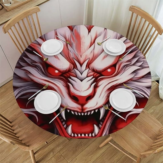 RUIYC Round Reusable Decorative Table Cover Dragon Head Black Background Wipable Polyester Cloth Spring Summer Party Table Cover Abstract Cream and Red