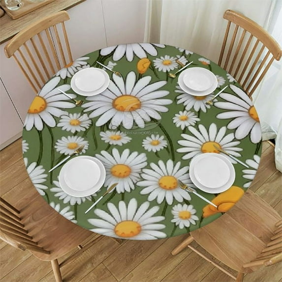 JEUXUS Round Table Cloth 60 Inch,White Daisy Flower Tablecloth Waterproof Stain Resistance Polyester Circle Table Cover for Home Kitchen Dining Party Camping Pinic Decor
