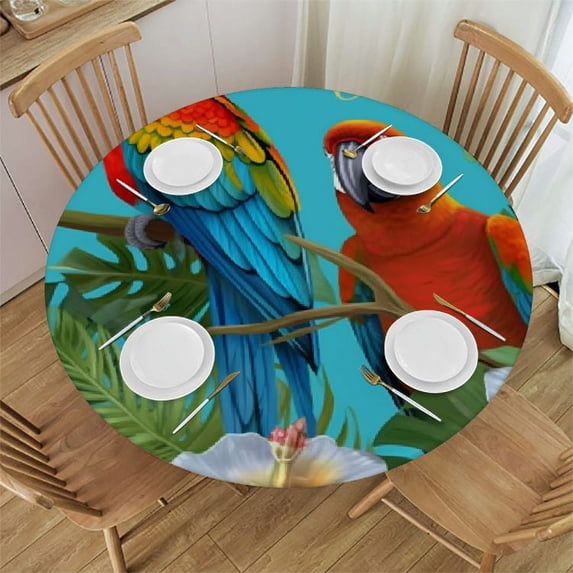 JEUXUS Round Table Cloth Cover Trpical Paiadise Parrot Elastic Fitted Tablecloth Flower Plant Colorful Waterproof Wipeable Patio Table Cloths for Round Table