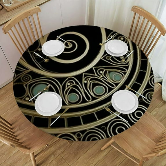 JEUXUS Round Table Cloth Dining Table Table Cover Retro Art Geometric Striped Flowers Circular Table Cover Resistant Washable Non Slip Abstract Brownish White