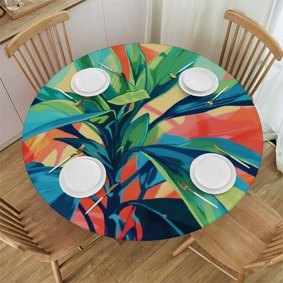 JEUXUS Round Table Cloth Palm Leaves Tropical Jungle Charming Colors White