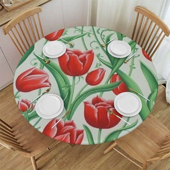 JEUXUS Round Table Cloth Red Tulips Pattern Line Table Cover Nordic Twill Tablecloth Washable Dining Decorative for Holiday Home Christmas Party Picnic
