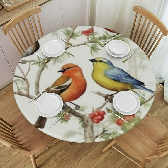JEUXUS Round Table Cloth Watercolor Bird Tablecloth Elastic Edge Fitted Table Cover Fits Tables Up to Diameter
