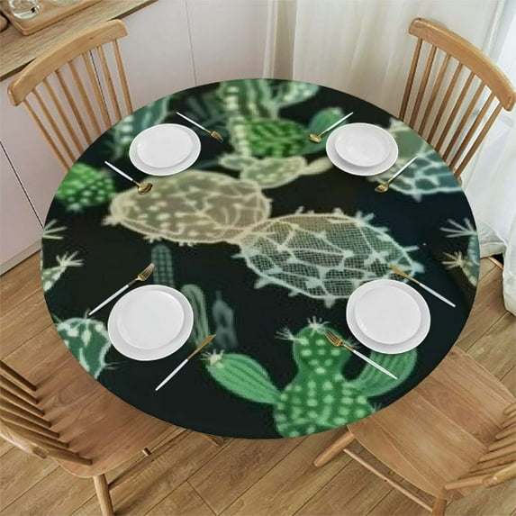 JEUXUS Round Table Cloth Waterproof Green Cactus Seamless Pattern Splashproof Tablecloth Table Cover for Dining Room Kitchen Party Indoor Decoration