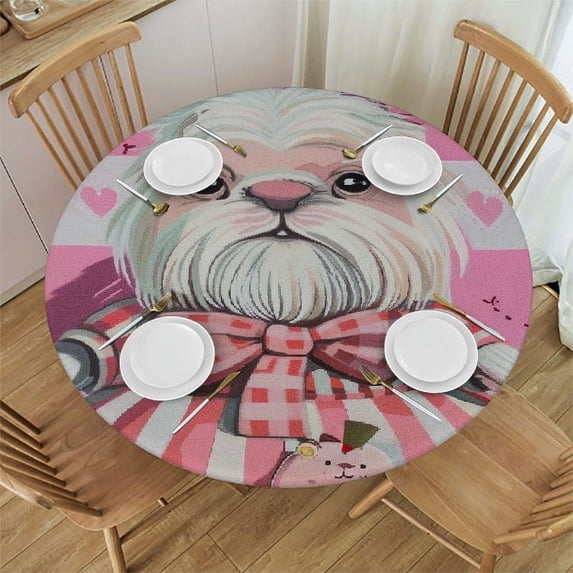 JEUXUS Round Table Cloth Waterproof Spill Proof Tablecloth Soft Washable Oli-Proof Table Cloths for Party Dining Room - Happy Easter Cute Gnome Holding Easter Eggs Cute Rabbit Table Cover White