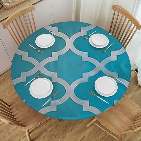 JEUXUS Round Table Cloth, Waterproof Stain Resistant Washable Tablecloth, Moroccan Polyester Table Cover for Dining, Indoor and Outdoor (Turquoise and White) White