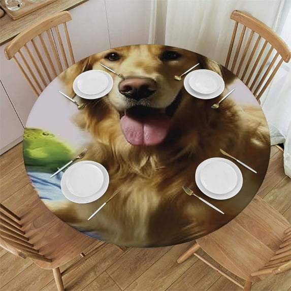 JEUXUS Round Table Cover Cloth Golden Retriever Fitted Round Table Cloth Multicolor Waterproof Stain Resistant Elastic Stretch Tablecloth for Party Kitchen Dining Table