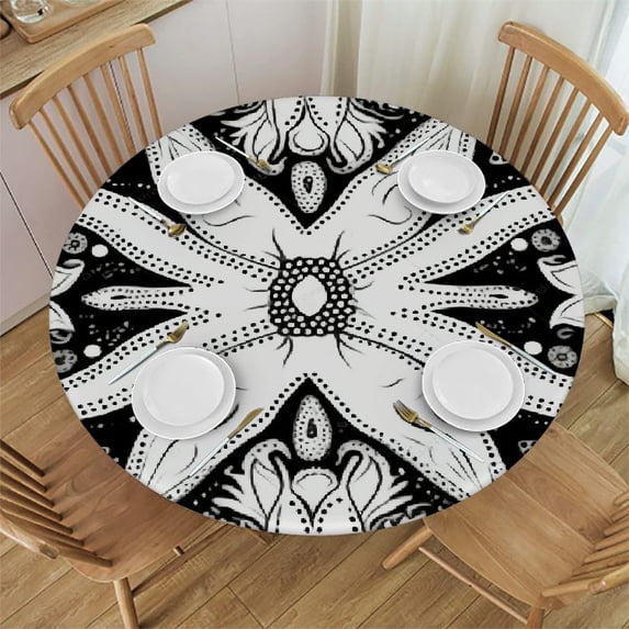 JEUXUS Round Table Cover Kitchen Dining Picnic Geometric Datura Retro Flowers Wipable Polyester Cloth Spring Summer Party Table Cover Abstract White and Black