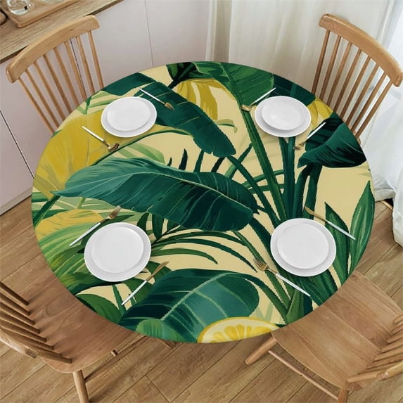 JEUXUS Round Table Cover Palm Leaves with Lush Branches and Charming Colors White