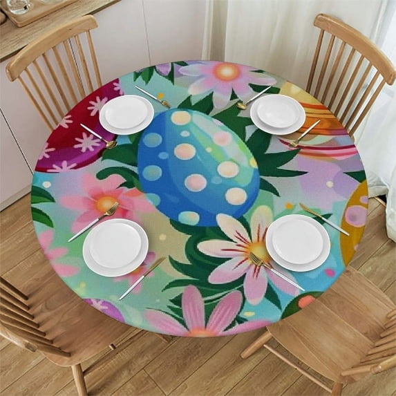 JEUXUS Round Table Cover for Tables Indoor Outdoor Tablecloth Waterproof Fitted Table Covers with Elastic, Easter Spring Eggs Flowers Colorful Patio Table Cloth for Party Camping Cafe White