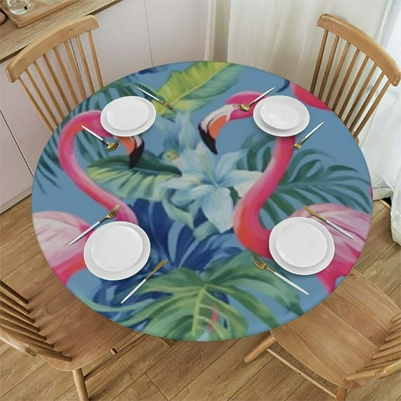 JEUXUS Round Table Cover, Waterproof Reusable Table Cloth Round Fitted Tablecloth with Elastic Edged for Parties Outdoors, Pink Flamingos and Blue Tropical Turtle Leaf
