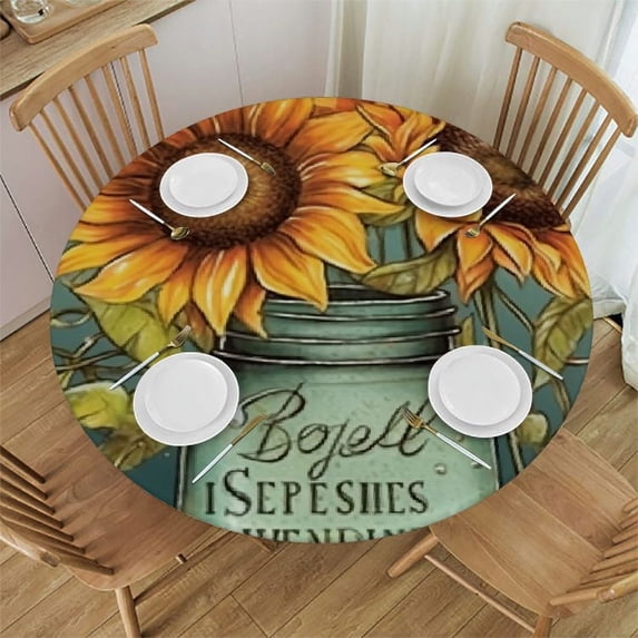 JEUXUS Round Table Cover, Waterproof Reusable Table Cloth Round Fitted Tablecloth with Elastic Edged for Parties Outdoors, Vintage Farm Rustic Flowers Sunflowers and Blue Bottle