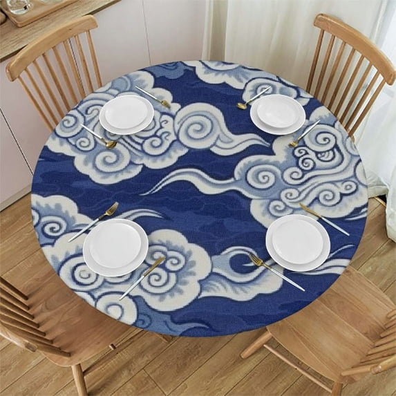 RUIYC Round Table Cover Waterproof Reusable Table Cloth Round Fitted Tablecloth with Elastic Edged for Party Outdoors, Blue White Pattern Chinese Japanese