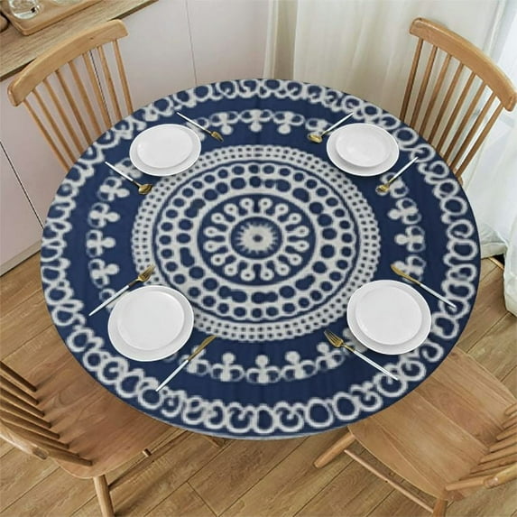 JEUXUS Round Table Cover, Waterproof Reusable Table Cloth Round Fitted Table cover with Elastic Edged for Parties Outdoors, Retro Geometric Blue Mandala Flower Texture