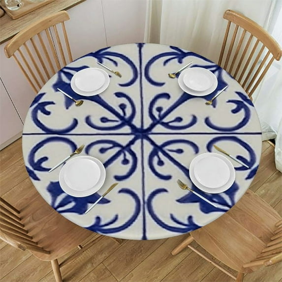 JEUXUS Round Table Home Decoration Waterproof Tile Abstract Pattern Wipable Polyester Cloth Spring Summer Party Table Cover Geometric Pattern Indigo White