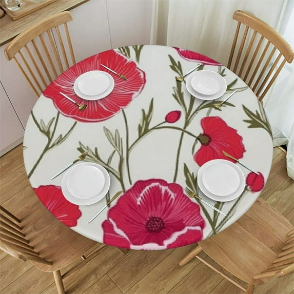 JEUXUS Round Table cover Line Art Poppy Flower Table Cloth Stain and Resistant Washable Polyester Decorative Table Cover for Dining Table Buffet Parties Camping
