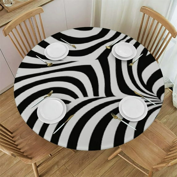 JEUXUS Round Table cover Waterproof Tablecloth Geometric Design of Floral Patterns Wipable Polyester Cloth Spring Summer Party Table Cover Abstract Black and White