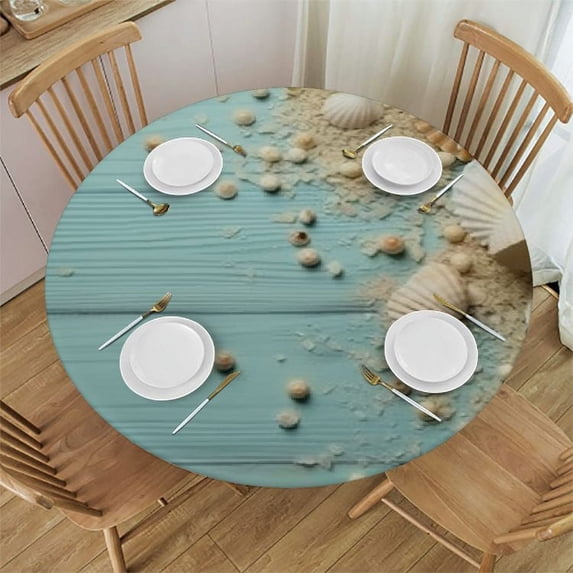 JEUXUS Round Tablecloth Blue Wooden Shells Summer Fitted Elastic Waterproof Wipeable Table Cloth Cover Decorations Table Pad Cover for lndoor Outdoor-Medium