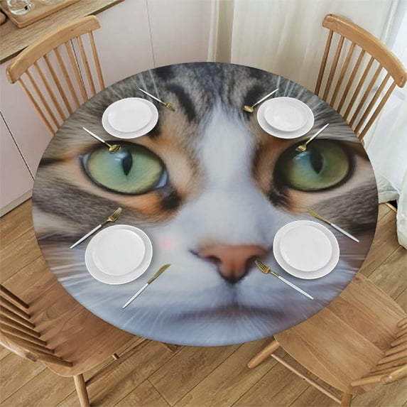 JEUXUS Round Tablecloth, Compatible with Doughnut Donut Cat Waterproof Oil Proof Spill Proof Table Cloth, Wipe Clean Table Cover for Dining Table, Buffet Parties and Camping