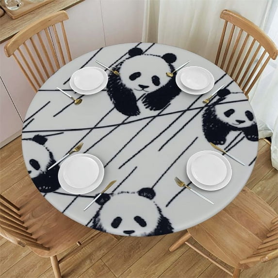 JEUXUS Round Tablecloth Cute Little Panda Bear Round Fitted Tablecloth with Elastic Edge, Waterproof Oil Proof Table Cloth Wipe Clean Table Cover for Indoor and Outdoor Fits Small