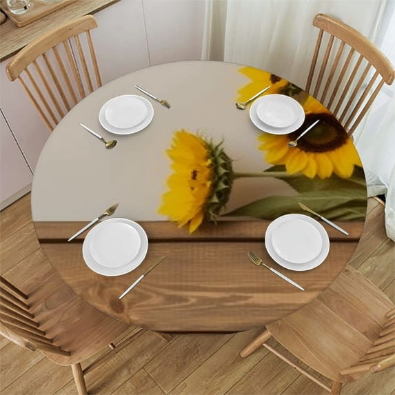 JEUXUS Round Tablecloth Fitted Table Cover with Elastic Edged Vintage Sunflower Wooden Waterproof Table Cloth for Party Kitchen Dining Indoor Outdoor Table