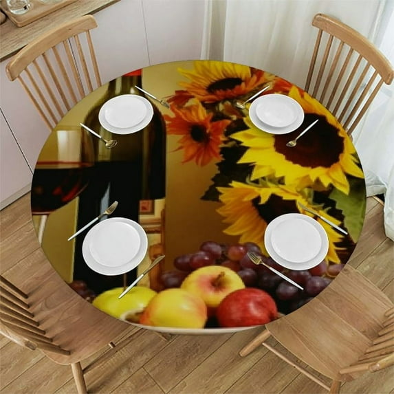 JEUXUS Round Tablecloth Fitted Table Cover,Sunflower Fruit Wine Candle Waterproof Table Cloth with Elastic Edge,Autumn Harvest Retro Country Washable Tablecloths for Kitchen Indoor Outdoor Party